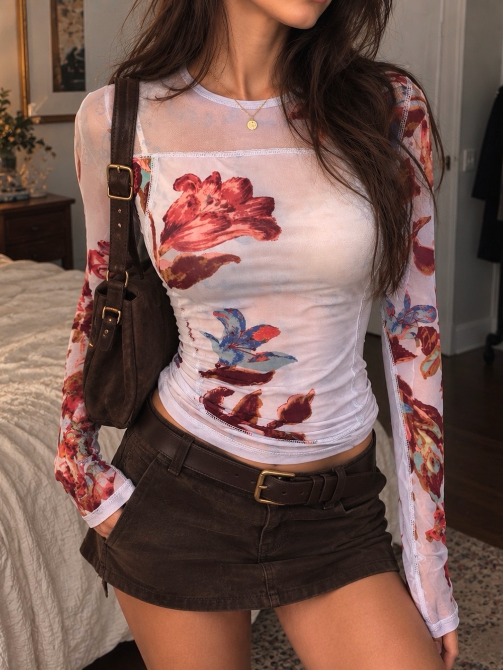 Free People Betty’s Garden Floral Mesh Long Sleeve Top XS